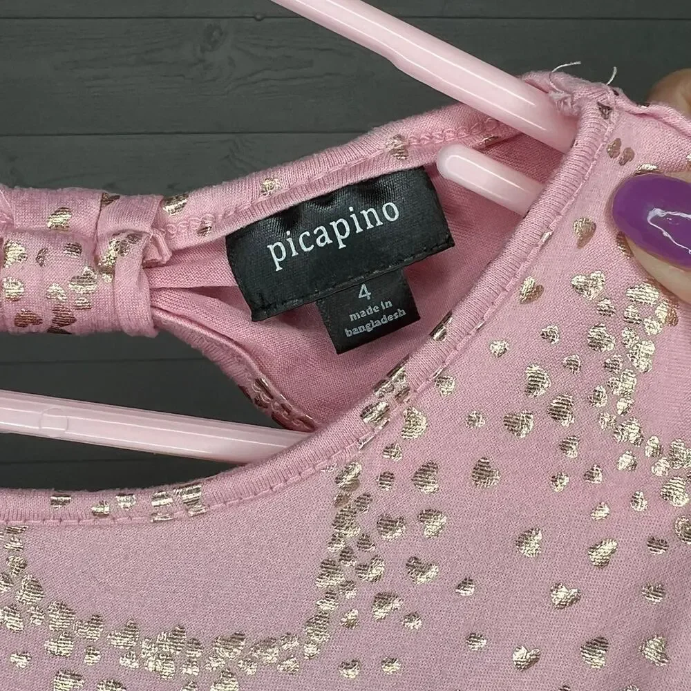 Picapino pink with gold hearts long sleeve Dress girls size 4